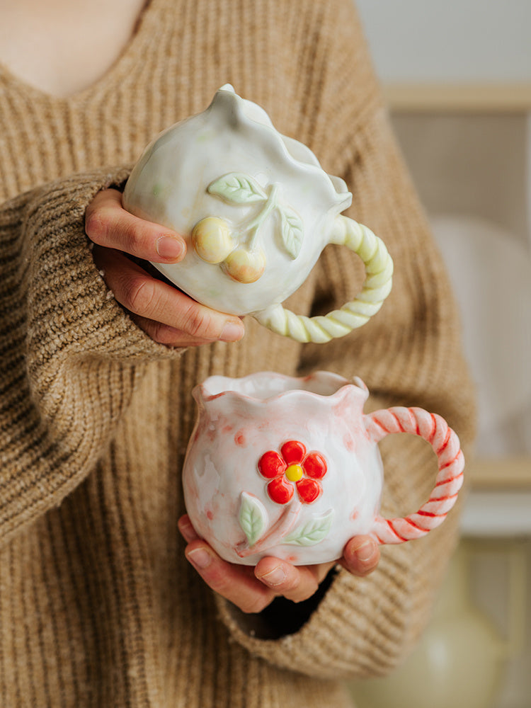 Hand Painted Embossed Flower Ceramic Mug