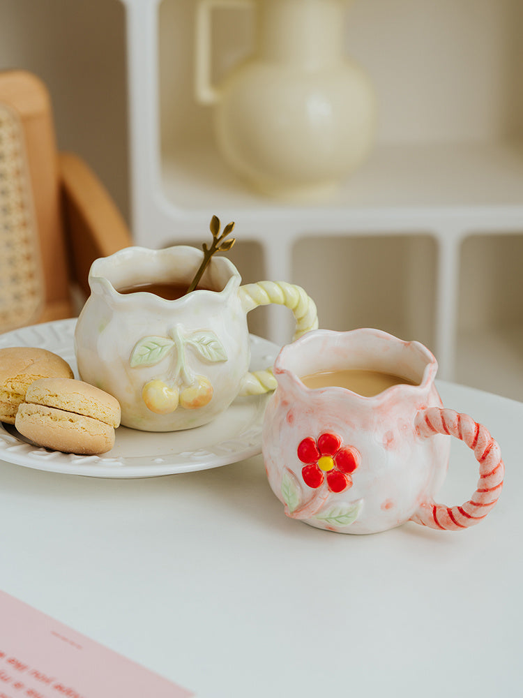 Hand Painted Embossed Flower Ceramic Mug